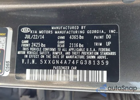 2015 Kia Optima Ex from USA, damaged, VIN 5XXGN4A74FG381359